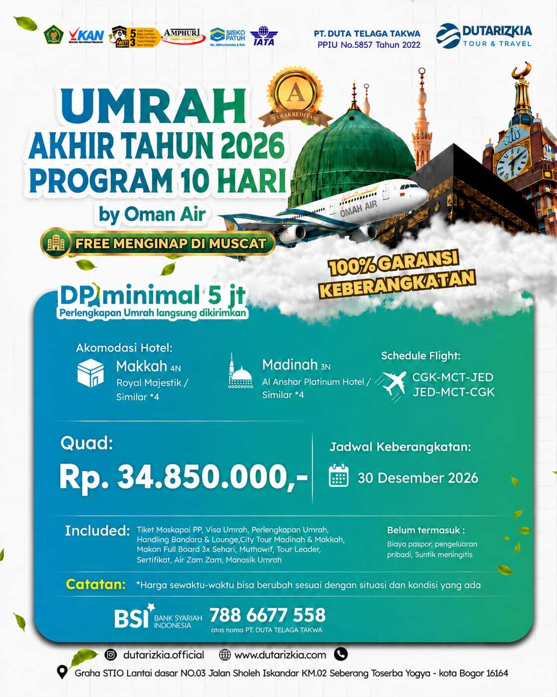 Brosur UMRAH AKHIR TAHUN 2026 PROGRAM 10 HARI FREE MENGINAP DI THAIF BY OMAN AIR