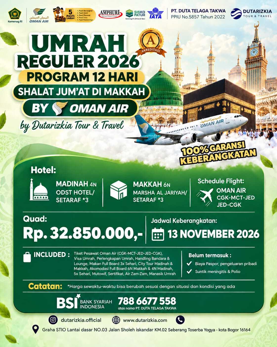 Brosur UMRAH REGULER 2026 PROGRAM 12 HARI SHALAT JUM'AT DI MAKKAH BY OMAN AIR